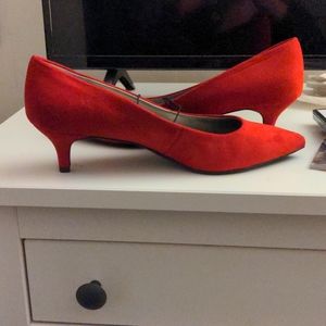 Red kitten heel pumps